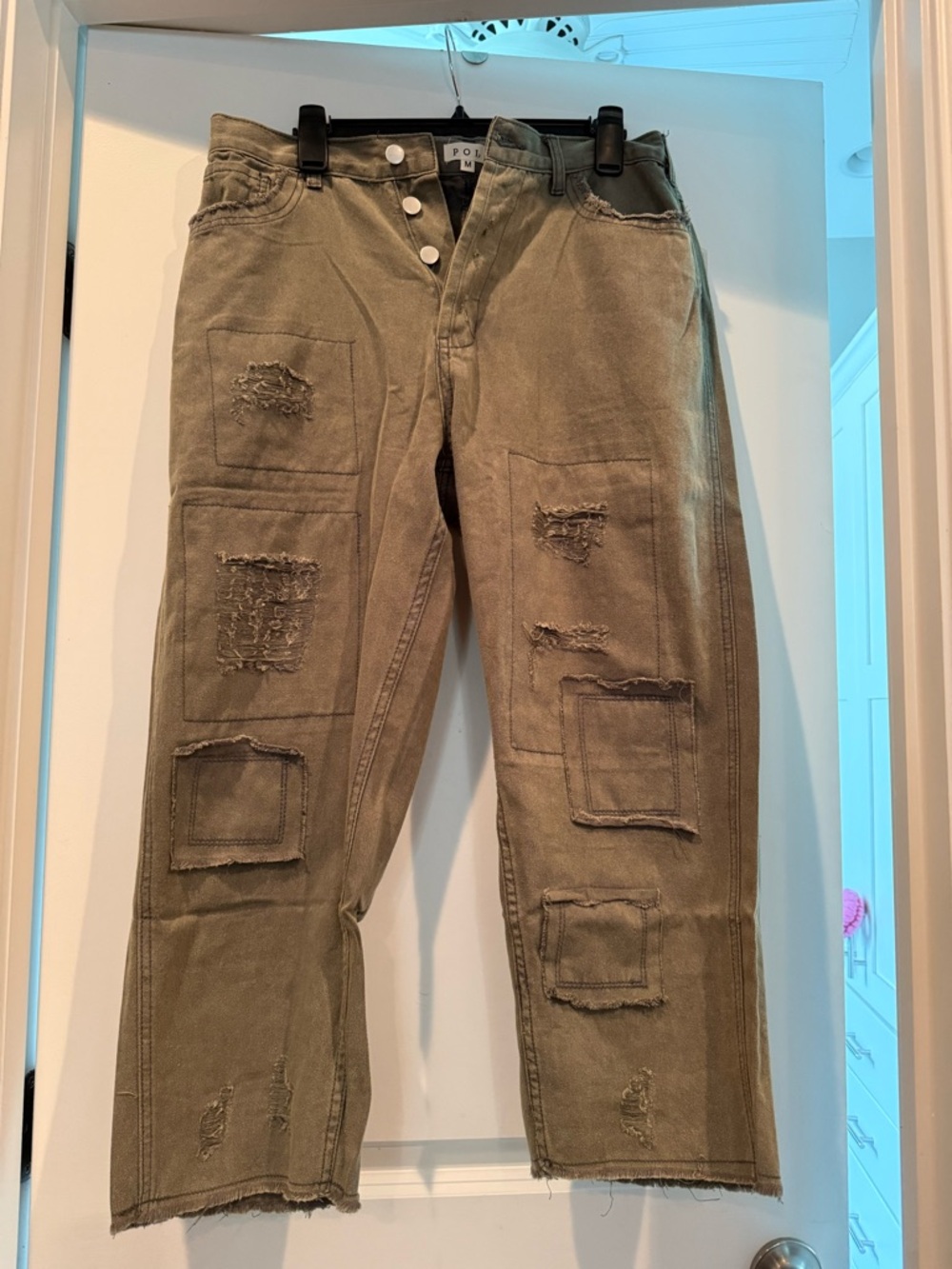 POL Olive Green Straight-Leg Patchwork Jeans